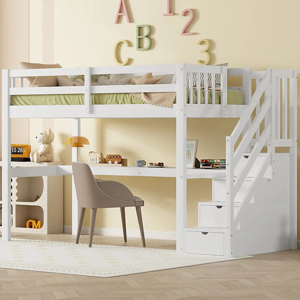 Lit mezzanine 90x200 cm blanc avec tiroirs de rangement et bureau intégré sous le lit pour enfant