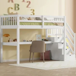 Lit mezzanine 90x200 cm blanc avec tiroirs de rangement et bureau intégré sous le lit pour enfant