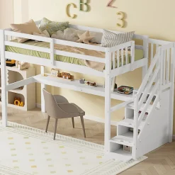 Lit mezzanine 90x200 cm blanc avec tiroirs de rangement et bureau intégré sous le lit pour enfant