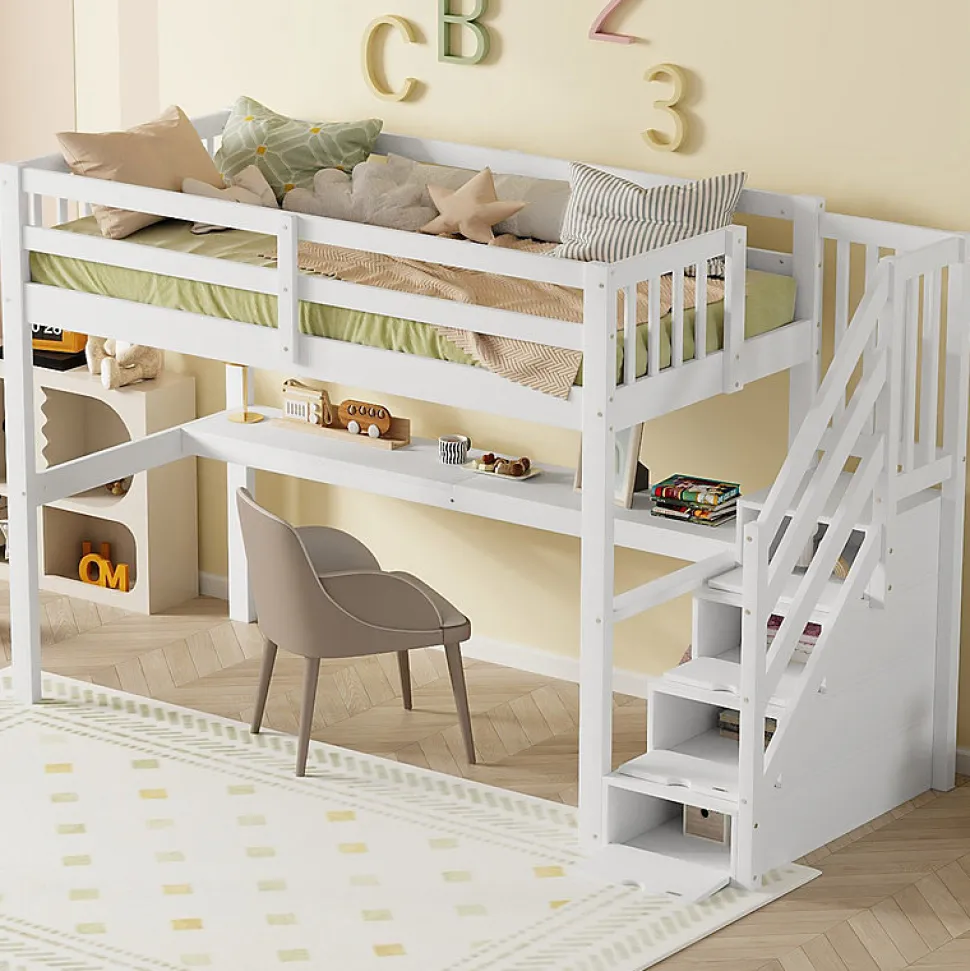 Lit mezzanine 90x200 cm blanc avec tiroirs de rangement et bureau intégré sous le lit pour enfant