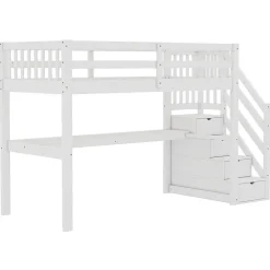 Lit mezzanine 90x200 cm blanc avec tiroirs de rangement et bureau intégré sous le lit pour enfant