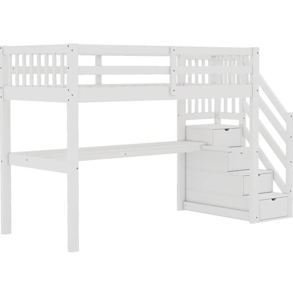 Lit mezzanine 90x200 cm blanc avec tiroirs de rangement et bureau intégré sous le lit pour enfant