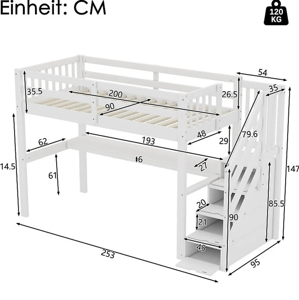 Lit mezzanine 90x200 cm blanc avec tiroirs de rangement et bureau intégré sous le lit pour enfant