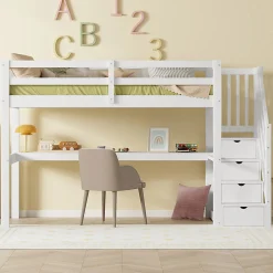 Lit mezzanine 90x200 cm blanc avec tiroirs de rangement et bureau intégré sous le lit pour enfant