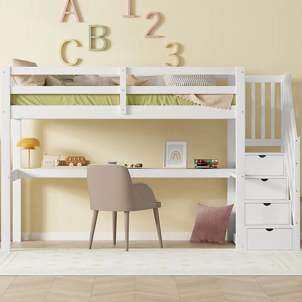 Lit mezzanine 90x200 cm blanc avec tiroirs de rangement et bureau intégré sous le lit pour enfant