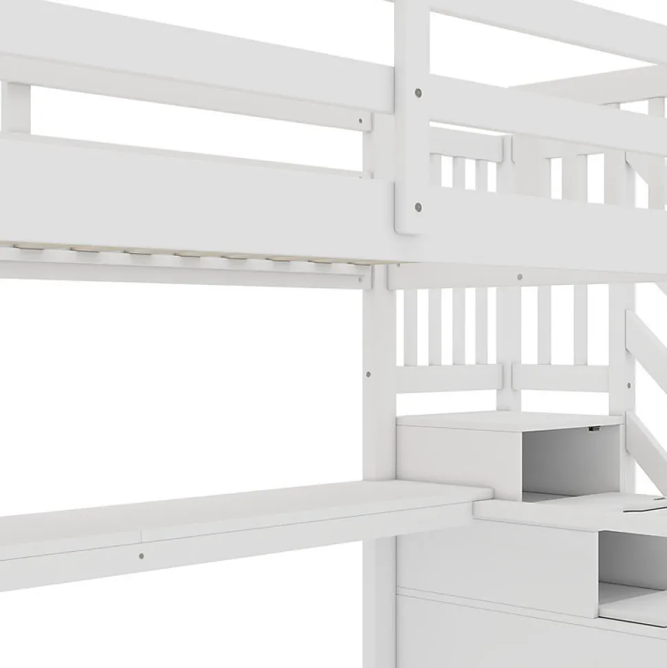Lit mezzanine 90x200 cm blanc avec tiroirs de rangement et bureau intégré sous le lit pour enfant
