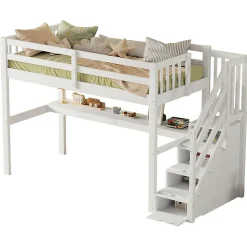Lit mezzanine 90x200 cm blanc avec tiroirs de rangement et bureau intégré sous le lit pour enfant