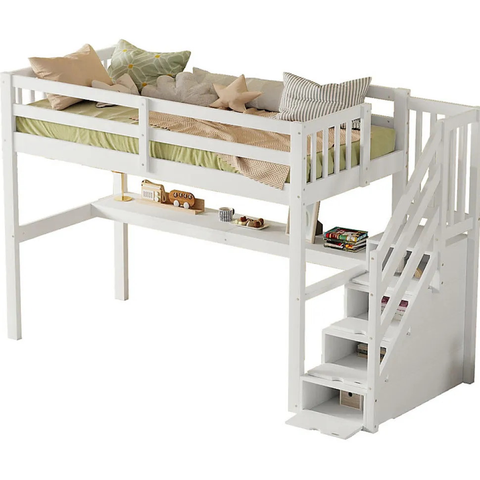 Lit mezzanine 90x200 cm blanc avec tiroirs de rangement et bureau intégré sous le lit pour enfant