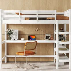 Lit mezzanine 90x200 cm blanc sans matelas avec bureau integre et etageres pour chambre denfant