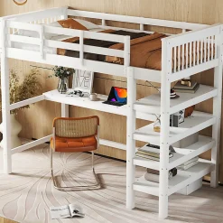 Lit mezzanine 90x200 cm blanc sans matelas avec bureau integre et etageres pour chambre denfant