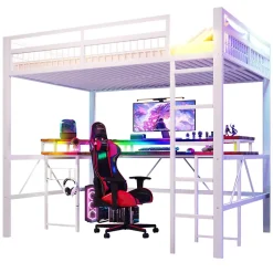 Lit Mezzanine 140x200 cm -Bureau Intégré, Éclairage LED Réglable, Panneau Perforé, Ports USB, Type-C et 2 Prises - Métal/MDF Blanc