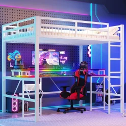 Lit Mezzanine 140x200 cm -Bureau Intégré, Éclairage LED Réglable, Panneau Perforé, Ports USB, Type-C et 2 Prises - Métal/MDF Blanc