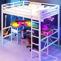 Lit Mezzanine 140x200 cm -Bureau Intégré, Éclairage LED Réglable, Panneau Perforé, Ports USB, Type-C et 2 Prises - Métal/MDF Blanc