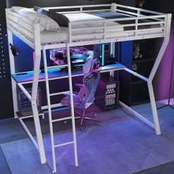 Lit mezzanine 140x200 cm déco avec bureau intégré, prises USB et LED, escalier sécurisé, métal+MDF blanc, sans matelas
