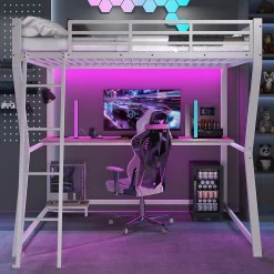 Lit mezzanine 140x200 cm déco avec bureau intégré, prises USB et LED, escalier sécurisé, métal+MDF blanc, sans matelas