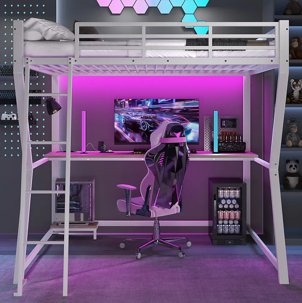 Lit mezzanine 140x200 cm déco avec bureau intégré, prises USB et LED, escalier sécurisé, métal+MDF blanc, sans matelas