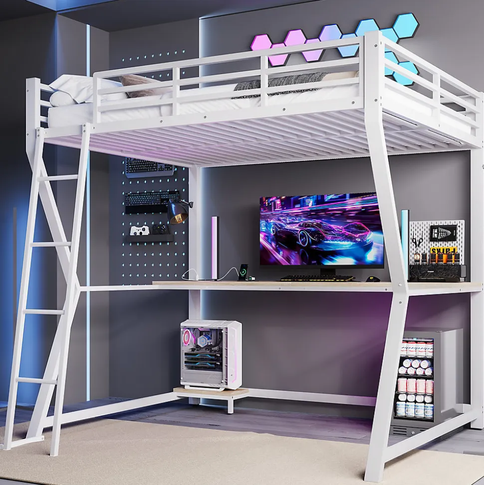 Lit mezzanine 140x200 cm déco avec bureau intégré, prises USB et LED, escalier sécurisé, métal+MDF blanc, sans matelas