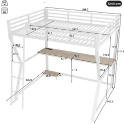 Lit mezzanine 140x200 cm déco avec bureau intégré, prises USB et LED, escalier sécurisé, métal+MDF blanc, sans matelas
