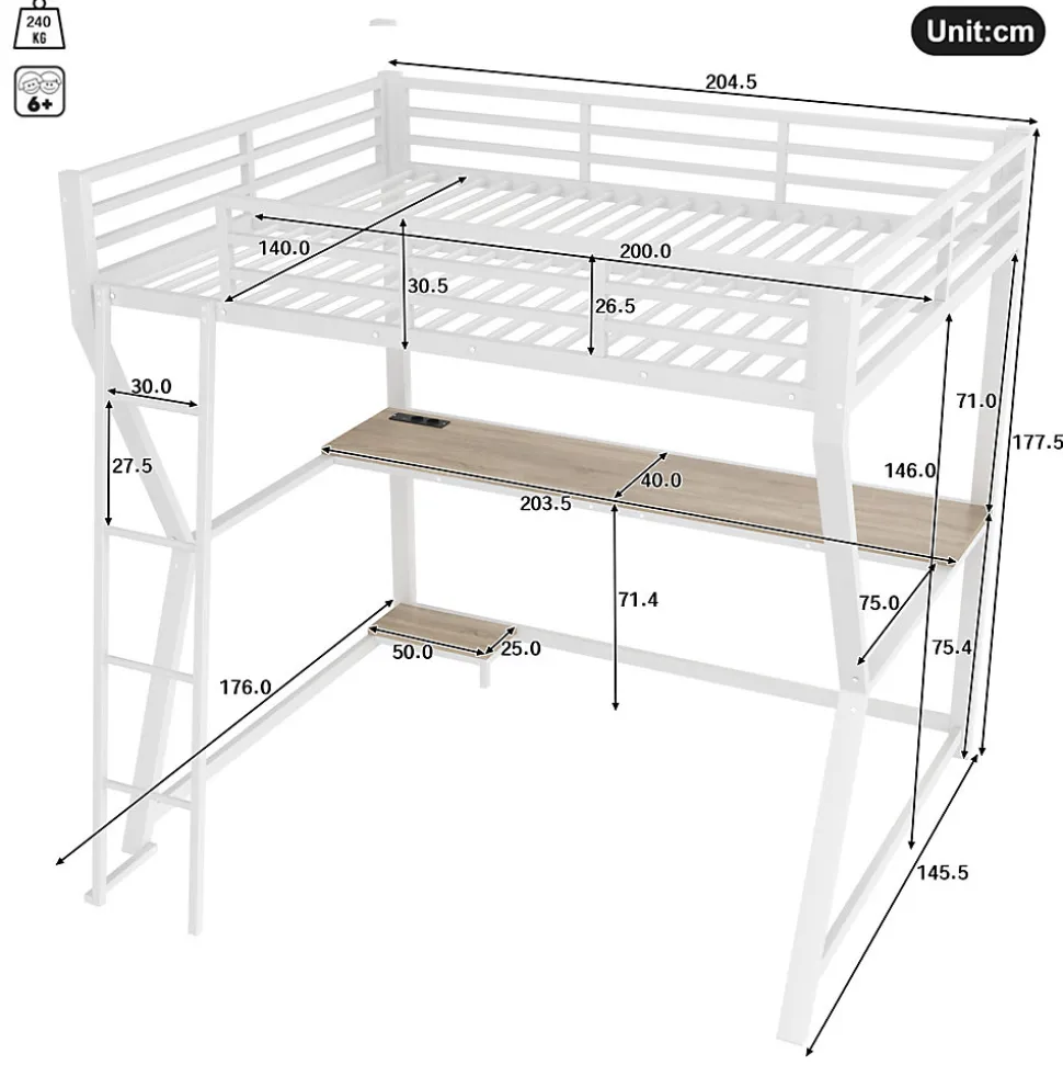 Lit mezzanine 140x200 cm déco avec bureau intégré, prises USB et LED, escalier sécurisé, métal+MDF blanc, sans matelas