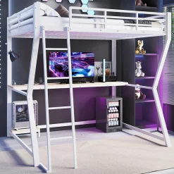 Lit mezzanine 140x200 cm déco avec bureau intégré, prises USB et LED, escalier sécurisé, métal+MDF blanc, sans matelas