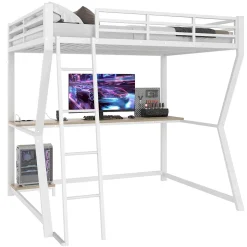 Lit mezzanine 140x200 cm déco avec bureau intégré, prises USB et LED, escalier sécurisé, métal+MDF blanc, sans matelas