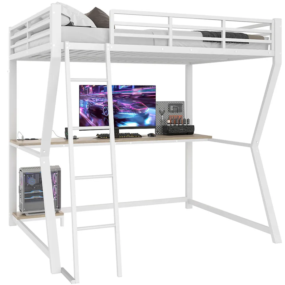 Lit mezzanine 140x200 cm déco avec bureau intégré, prises USB et LED, escalier sécurisé, métal+MDF blanc, sans matelas