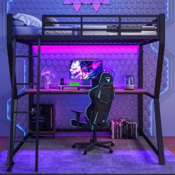 Lit mezzanine 140x200 cm déco avec bureau intégré, prises USB et LED, escalier sécurisé, métal+MDF noir, sans matelas