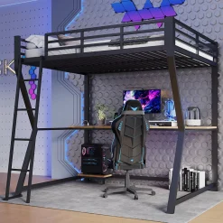 Lit mezzanine 140x200 cm déco avec bureau intégré, prises USB et LED, escalier sécurisé, métal+MDF noir, sans matelas