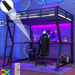 Lit mezzanine 140x200 cm déco avec bureau intégré, prises USB et LED, escalier sécurisé, métal+MDF noir, sans matelas