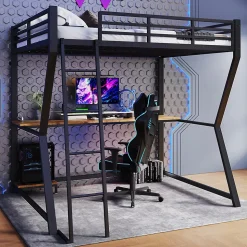 Lit mezzanine 140x200 cm déco avec bureau intégré, prises USB et LED, escalier sécurisé, métal+MDF noir, sans matelas