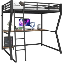 Lit mezzanine 140x200 cm déco avec bureau intégré, prises USB et LED, escalier sécurisé, métal+MDF noir, sans matelas