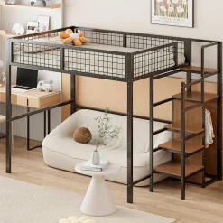 Lit mezzanine 140x200 cm double avec rangement et échelle de sécurité, structure métal et MDF noir, montage inclus, sans matelas