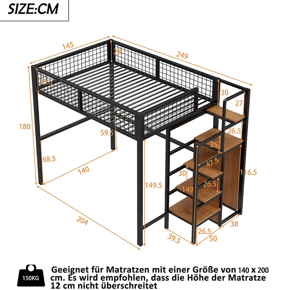 Lit mezzanine 140x200 cm double avec rangement et échelle de sécurité, structure métal et MDF noir, montage inclus, sans matelas