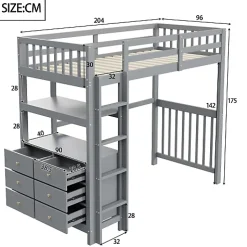 Lit mezzanine 90x200 cm en bois de pin gris avec échelle verticale tiroirs étagères et sommier à lattes