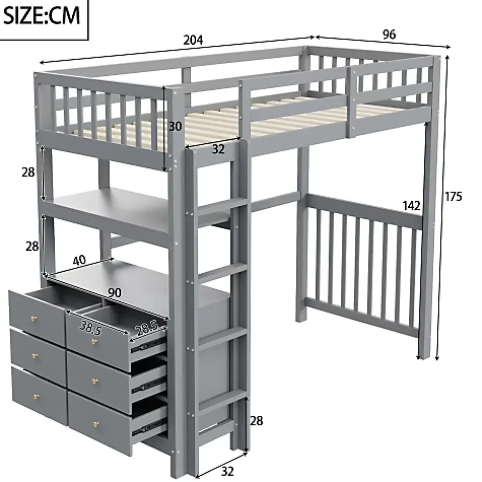 Lit mezzanine 90x200 cm en bois de pin gris avec échelle verticale tiroirs étagères et sommier à lattes