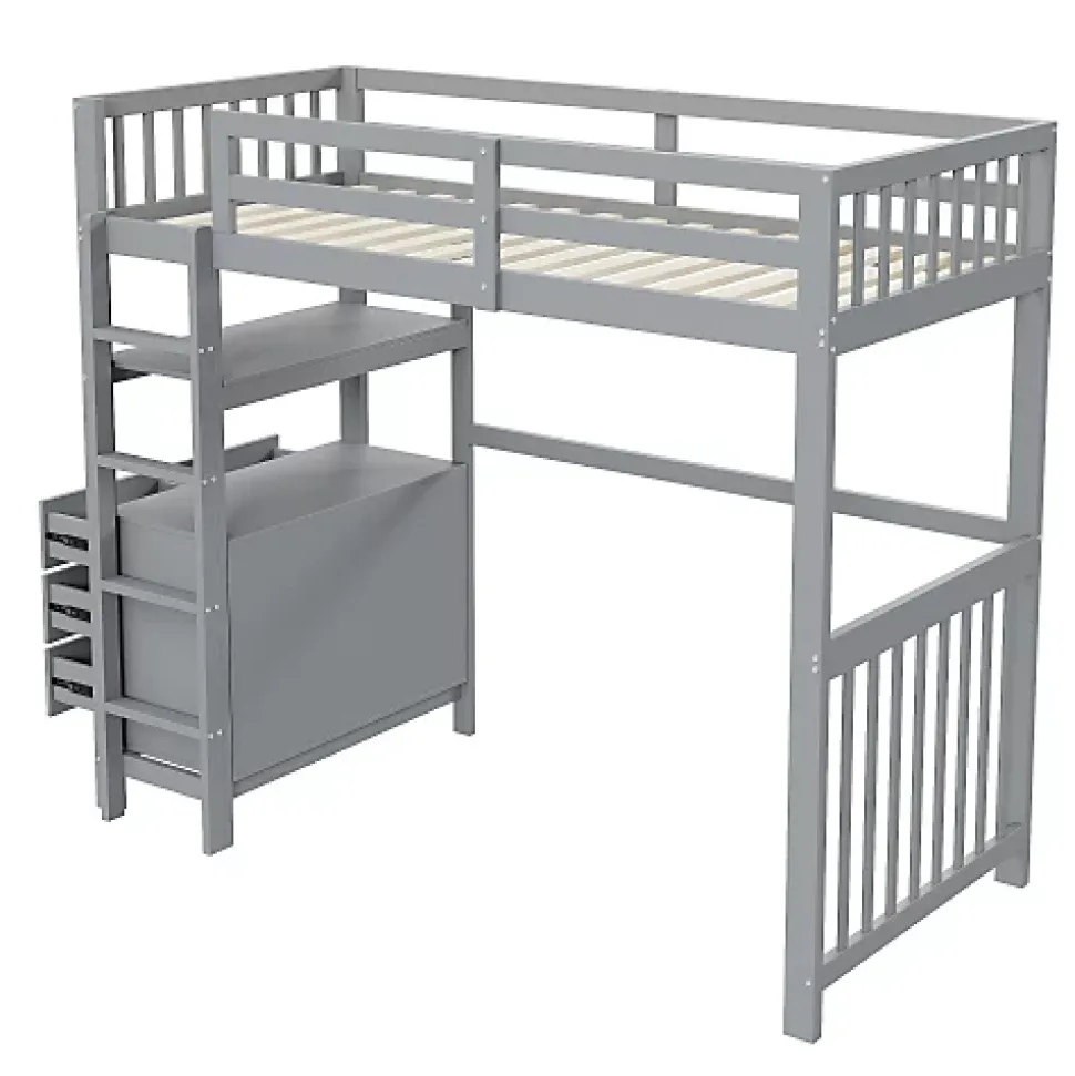 Lit mezzanine 90x200 cm en bois de pin gris avec échelle verticale tiroirs étagères et sommier à lattes