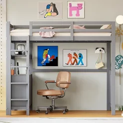 Lit mezzanine 90x200 cm en bois de pin gris avec échelle verticale tiroirs étagères et sommier à lattes