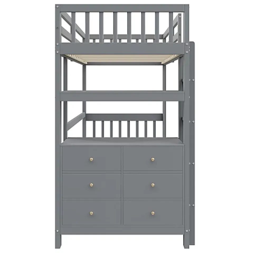 Lit mezzanine 90x200 cm en bois de pin gris avec échelle verticale tiroirs étagères et sommier à lattes