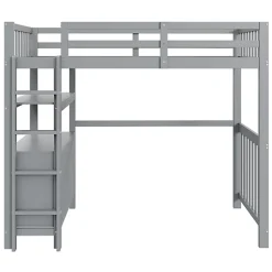Lit mezzanine 90x200 cm en bois de pin gris avec échelle verticale tiroirs étagères et sommier à lattes