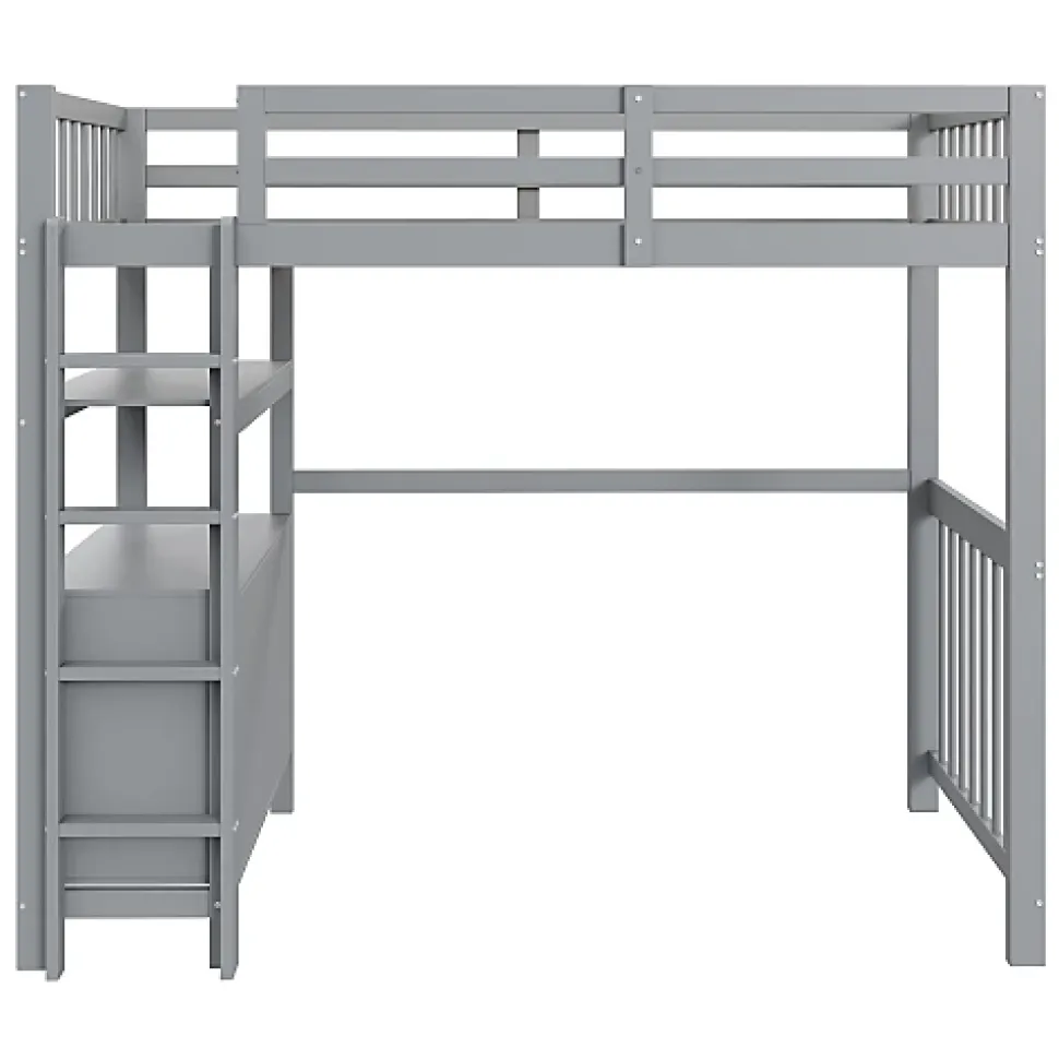 Lit mezzanine 90x200 cm en bois de pin gris avec échelle verticale tiroirs étagères et sommier à lattes