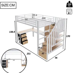 Lit mezzanine 90x200 cm en fer - Compartiments de rangement - 4 tiroirs - LED - Bureau et escalier - Blanc (sans matelas)