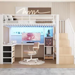 Lit mezzanine 90x200 cm en fer - Compartiments de rangement - 4 tiroirs - LED - Bureau et escalier - Blanc (sans matelas)