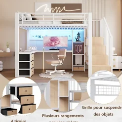 Lit mezzanine 90x200 cm en fer - Compartiments de rangement - 4 tiroirs - LED - Bureau et escalier - Blanc (sans matelas)
