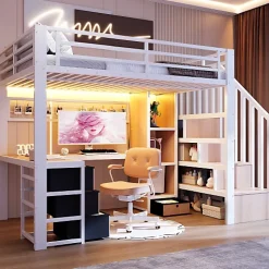Lit mezzanine 90x200 cm en fer - Compartiments de rangement - 4 tiroirs - LED - Bureau et escalier - Blanc (sans matelas)