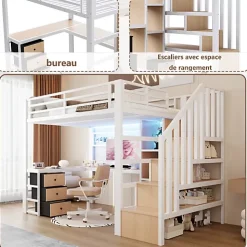 Lit mezzanine 90x200 cm en fer - Compartiments de rangement - 4 tiroirs - LED - Bureau et escalier - Blanc (sans matelas)