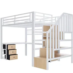 Lit mezzanine 90x200 cm en fer - Compartiments de rangement - 4 tiroirs - LED - Bureau et escalier - Blanc (sans matelas)