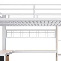 Lit mezzanine 90x200 cm en fer - Compartiments de rangement - 4 tiroirs - LED - Bureau et escalier - Blanc (sans matelas)