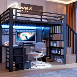 Lit mezzanine 90x200 cm en fer - Compartiments de rangement - 4 tiroirs - LED - Bureau et escalier - Noir (sans matelas)