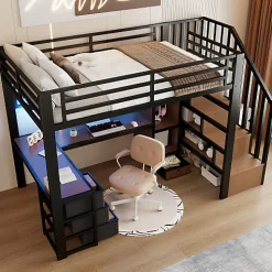 Lit mezzanine 90x200 cm en fer - Compartiments de rangement - 4 tiroirs - LED - Bureau et escalier - Noir (sans matelas)