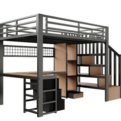 Lit mezzanine 90x200 cm en fer - Compartiments de rangement - 4 tiroirs - LED - Bureau et escalier - Noir (sans matelas)
